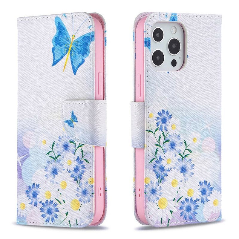 Etui Folio do iPhone 13 Pro Max Malowane Motyle I Kwiaty